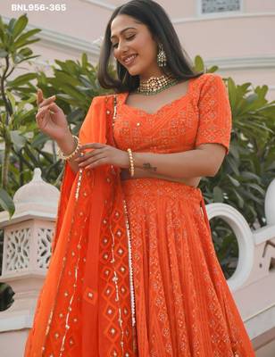 orange georgette embroidered wedding lehenga choli 2