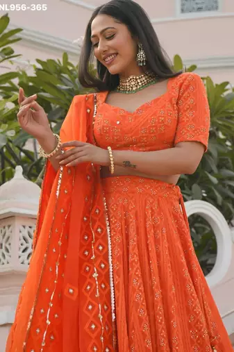 orange georgette embroidered wedding lehenga choli