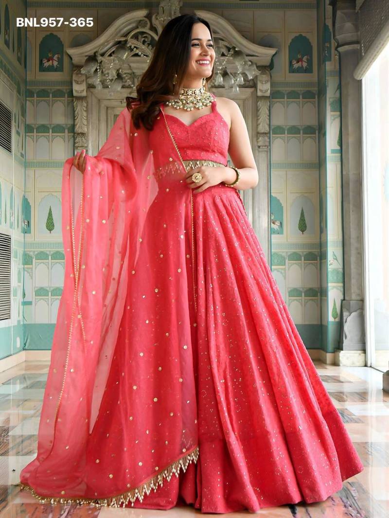 coral georgette embroidered wedding lehenga choli