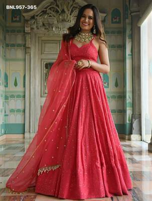 coral georgette embroidered wedding lehenga choli 2