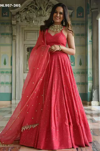 coral georgette embroidered wedding lehenga choli