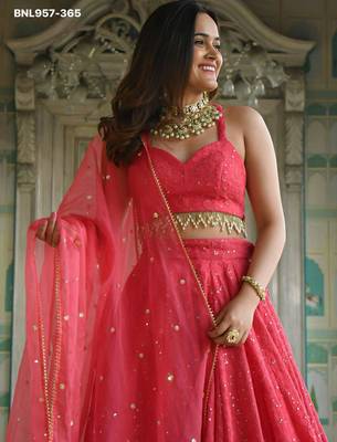 coral georgette embroidered wedding lehenga choli 3