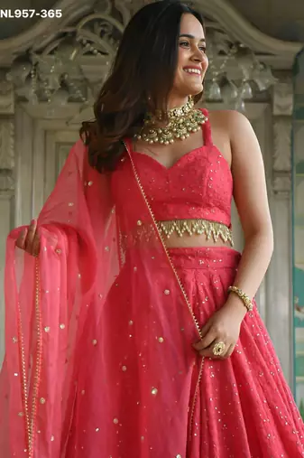 coral georgette embroidered wedding lehenga choli