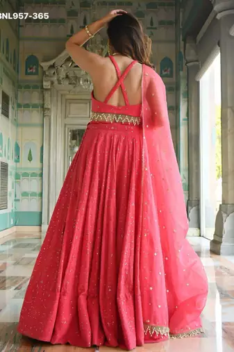 coral georgette embroidered wedding lehenga choli