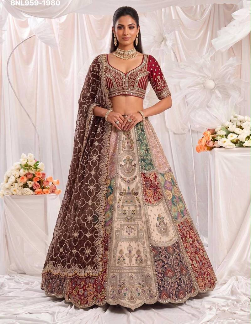 multicolor silk blend embroidered bridal lehenga choli