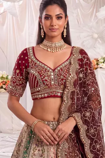 multicolor silk blend embroidered bridal lehenga choli