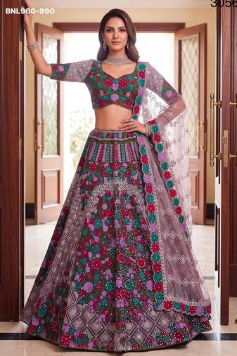 multicolor net embroidered festive lehenga choli