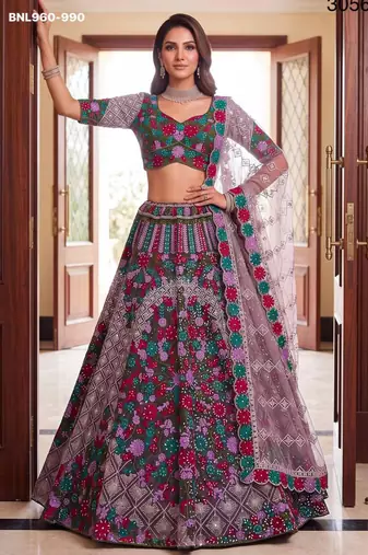multicolor net embroidered festive lehenga choli