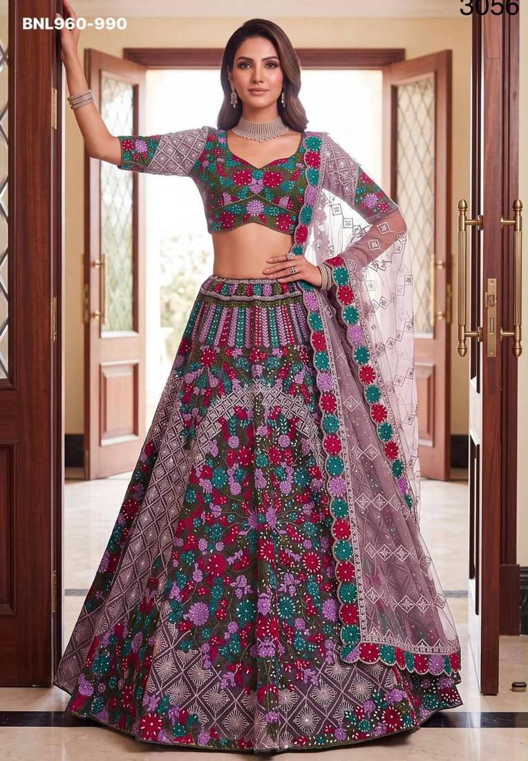 multicolor net embroidered festive lehenga choli