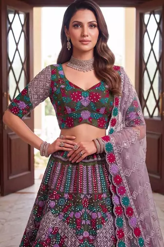 multicolor net embroidered festive lehenga choli
