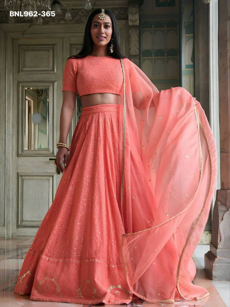 peach georgette embroidered wedding lehenga choli