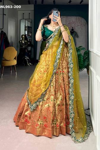 green silk blend printed festive lehenga choli