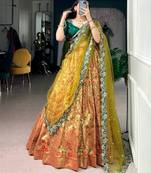 green silk blend printed festive lehenga choli