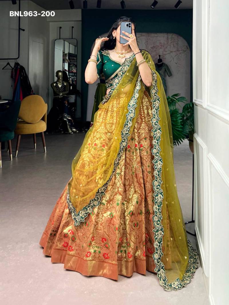 green silk blend printed festive lehenga choli
