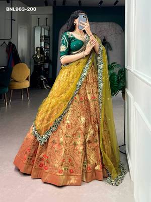 green silk blend printed festive lehenga choli 2