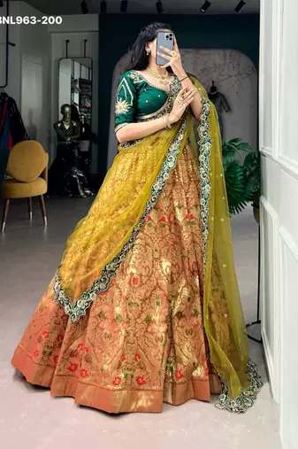 green silk blend printed festive lehenga choli