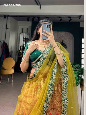 green silk blend printed festive lehenga choli 3