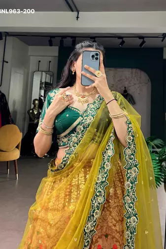 green silk blend printed festive lehenga choli
