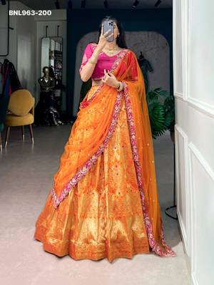 orange silk blend printed festive lehenga choli 1