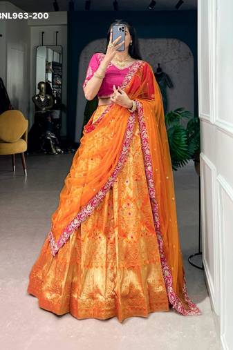 orange silk blend printed festive lehenga choli