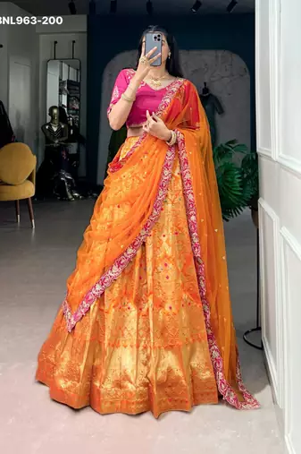 orange silk blend printed festive lehenga choli