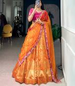 orange silk blend printed festive lehenga choli