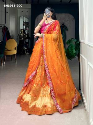 orange silk blend printed festive lehenga choli 2