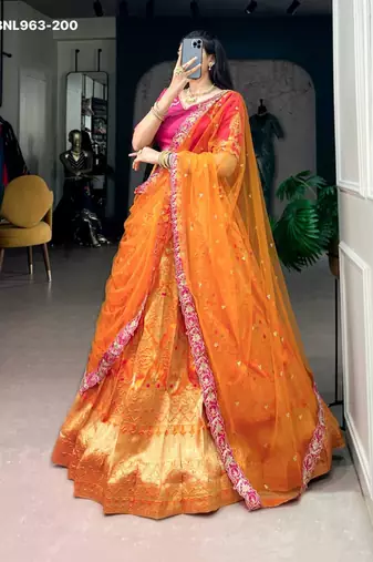 orange silk blend printed festive lehenga choli
