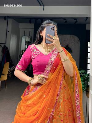orange silk blend printed festive lehenga choli 3