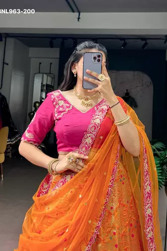 orange silk blend printed festive lehenga choli