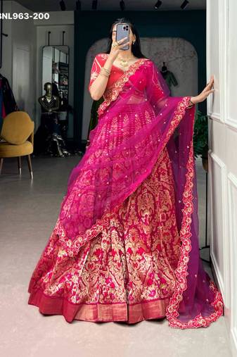 pink silk blend printed festive lehenga choli
