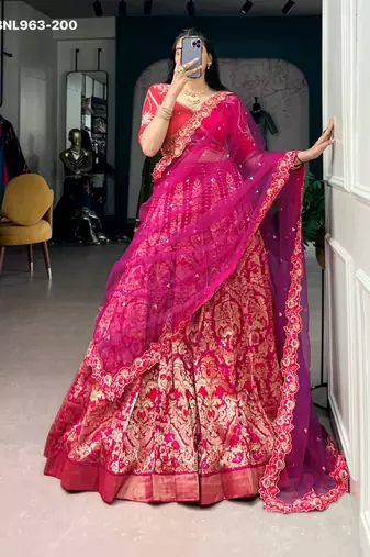 pink silk blend printed festive lehenga choli