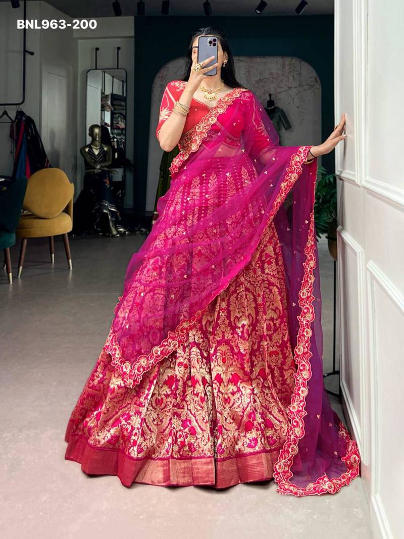 pink silk blend printed festive lehenga choli