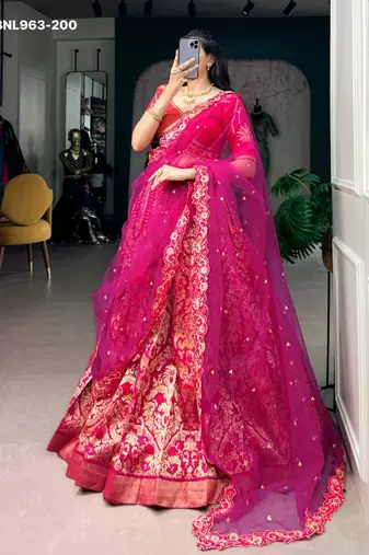 pink silk blend printed festive lehenga choli