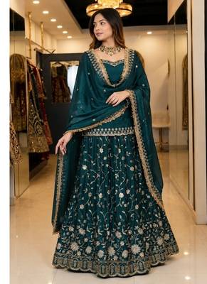 Teal Green Embroidered Fendy Full-Stitched Sharara Palazzo Suit Set 1