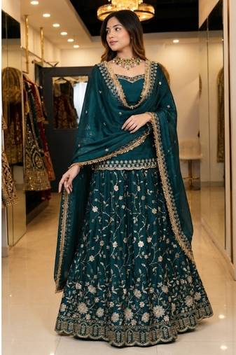Teal Green Embroidered Fendy Full-Stitched Sharara Palazzo Suit Set