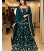 Teal Green Embroidered Fendy Full-Stitched Sharara Palazzo Suit Set