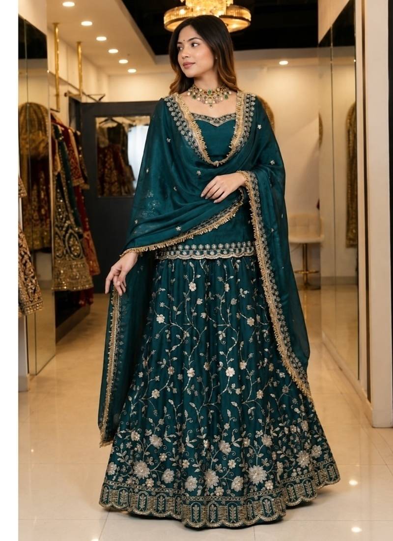Teal Green Embroidered Fendy Full-Stitched Sharara Palazzo Suit Set