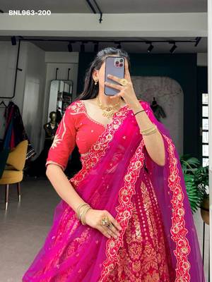 pink silk blend printed festive lehenga choli 3