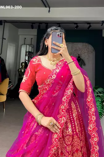 pink silk blend printed festive lehenga choli