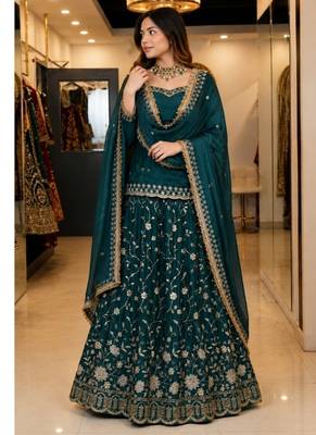 Teal Green Embroidered Fendy Full-Stitched Sharara Palazzo Suit Set 2