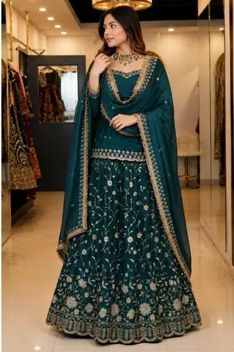 Teal Green Embroidered Fendy Full-Stitched Sharara Palazzo Suit Set