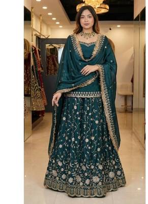 Teal Green Embroidered Fendy Full-Stitched Sharara Palazzo Suit Set 3