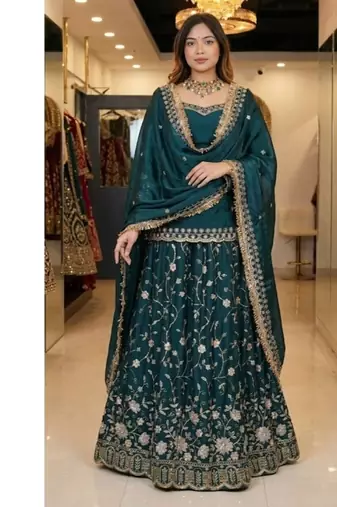 Teal Green Embroidered Fendy Full-Stitched Sharara Palazzo Suit Set