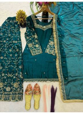 Teal Green Embroidered Fendy Full-Stitched Sharara Palazzo Suit Set 4