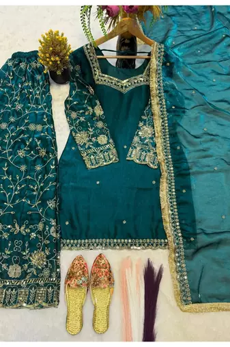 Teal Green Embroidered Fendy Full-Stitched Sharara Palazzo Suit Set