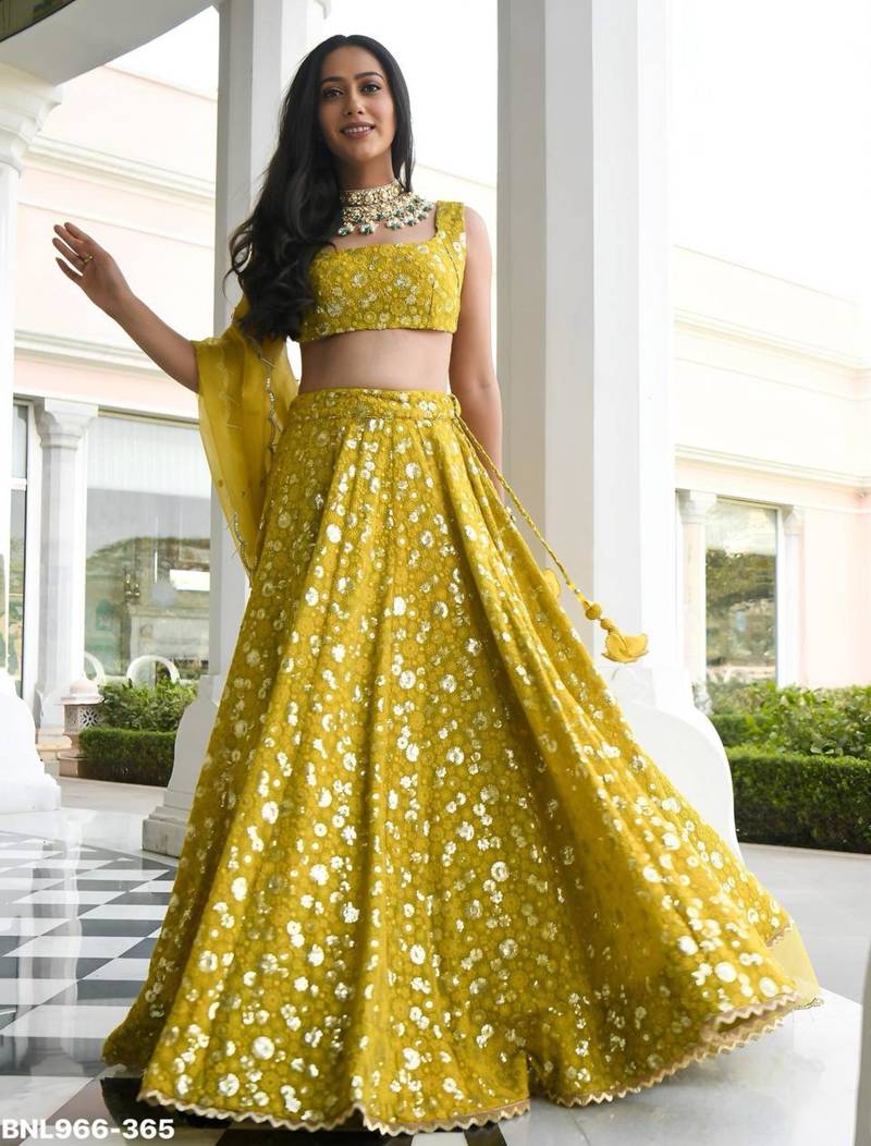 olive georgette embroidered wedding lehenga choli