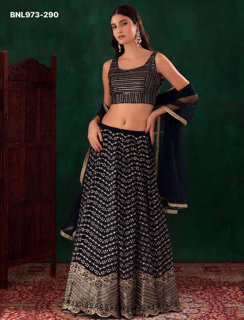 navy blue georgette embroidered wedding lehenga choli