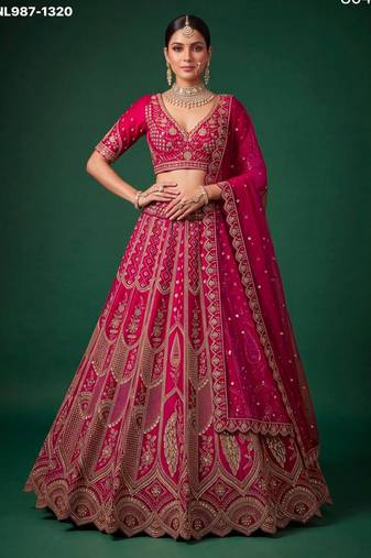 pink silk blend embroidered bridal lehenga choli