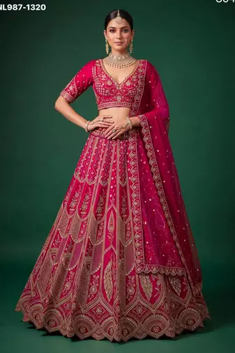 pink silk blend embroidered bridal lehenga choli